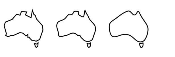Australia country black outline silhouettes in three different levels of smoothness. Simplified maps. icons isolated on white background. vector