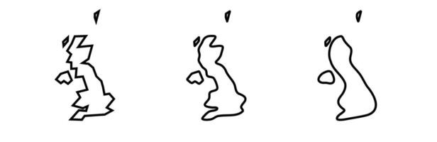 United Kingdom of Great Britain and Northern Ireland country black outline silhouettes in three different levels of smoothness. Simplified maps. icons isolated on white background. vector