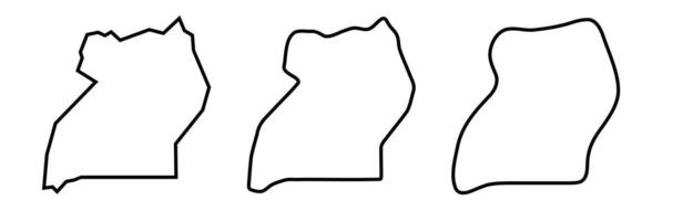 Uganda country black outline silhouettes in three different levels of smoothness. Simplified maps. icons isolated on white background. vector