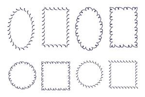 Collection of eight hand drawn swirl frames in oval, square, round, and rectangular shapes, perfect for decoration or design accents. vector
