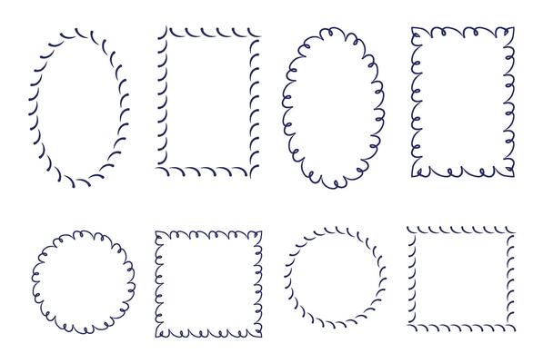 Collection of eight hand drawn swirl frames in oval, square, round, and rectangular shapes, perfect for decoration or design accents.
