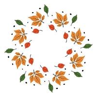 Autumn leaf wreath illustration with colorful red, orange, and green leaves arranged in a circular frame on white background. vector