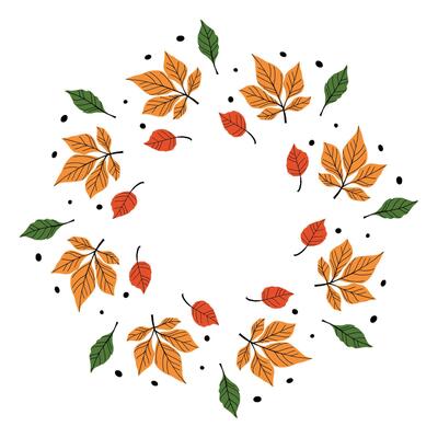 Autumn leaf wreath illustration with colorful red, orange, and green leaves arranged in a circular frame on white background.