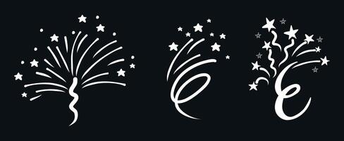 illustration of three decorative white firework bursts with stars and spark trails on a black background, ideal for celebration design. vector