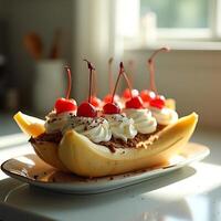 Making Banana Split Dessert with Cream and Cherries photo