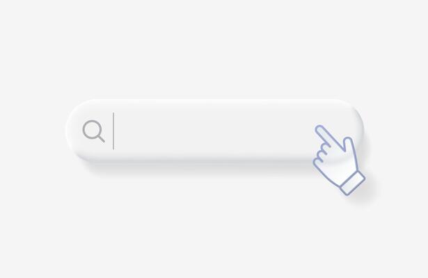 Search bar with computer hand cursor with transparency effect. Browser search navigation bar in light soft style.