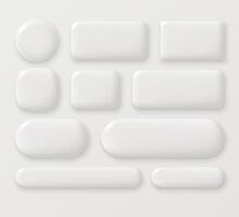 Set of white blank glossy monochrome buttons of different shapes in 3D style. Round, square and rectangular icons or frames. vector