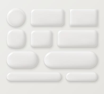 Set of white blank glossy monochrome buttons of different shapes in 3D style. Round, square and rectangular icons or frames.