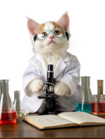a cat in a lab coat is looking at a microscope png