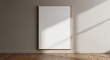 A white frame hanging on a wall in an empty room photo