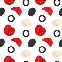 Olives Cheese Cubes and Tomatoes slices Seamless Pattern Healthy Eating Ingredients Food Background. Isolated illustration Food Themes or Menu Cards, promo banner, leaflets, labels, price tags vector