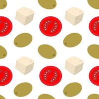 Tomatoes slices Cheese Cubes and olives Seamless Pattern Food Poster Healthy Eating Background idea. Isolated illustration Thematic or Menu Cards Backdrop Banner, leaflet, price tag, media post vector