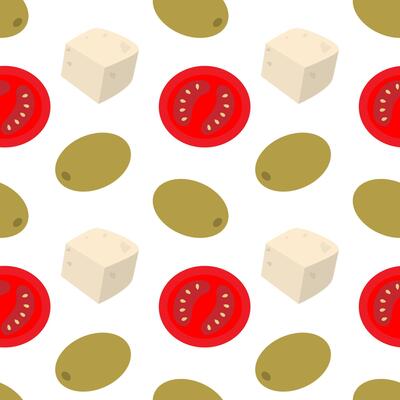 Tomatoes slices Cheese Cubes and olives Seamless Pattern Food Poster Healthy Eating Background idea. Isolated illustration Thematic or Menu Cards Backdrop Banner, leaflet, price tag, media post