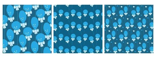 Hand Drawn Blue Balloons Round and Deflated Seamless Patterns on Dark Blue Backdrop Holiday Fond Set. Isolated illustration Blue Monday Holiday Greeting Card Invite, leaflet, banner, label, tag vector