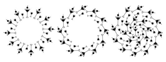 Minimalistic Hand Drawn Cocktail glasses Circular Frame border and Backdrop Copy space Template Set. Isolated illustration Alcohol Thematic Menu Cards, poster or banner, leaflet posting, label vector