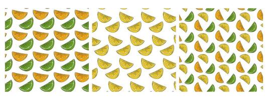 Lemon Lime and Orange Slices Seamless Patterns Citrus Fruits Multicolored Seasonal Backdrops Bundle. Isolated illustration Wrapping or Wallpaper Background Card, poster, banner, greeting, label vector