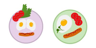 Hand Drawn Fried eggs and sausage and tomato slices on plate Breakfast or Motivation design idea Set. Isolated illustration Food Poster Motivation Menu Cards, banner, leaflets, label, price tag vector