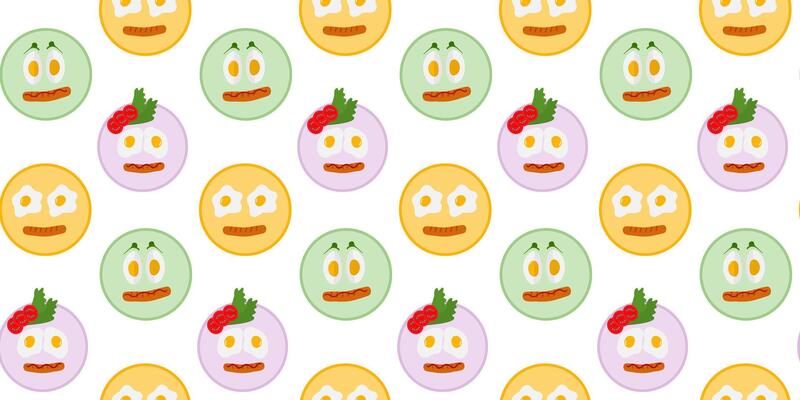 Fried egg and Boiled Eggs like smile emoticon on plate Seamless Pattern Motivation Cards Background. Isolated illustration Food Related content and advertising Menu cards, price tag, leaflets