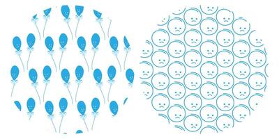 Blue Balloons with tied ribbon bow and Unhappy Smileys Seamless Patterns on Circle Backgrounds Set. Isolated Backdrops Blue Monday or Birthdays Greetings Party invites, banners, leaflets, tag vector