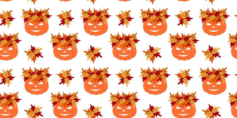 Cartoon Halloween Pumpkins in Wreath and Autumn leaves bouquets Seamless Pattern Halloween Backdrop. Isolated illustration Halloween Holiday Themes Cards Fond Poster, banner, leaflet, price tag