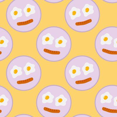 Fried Eggs and sausage Cute emoticons Seamless Pattern Motivation or Manu Cards Thematic Background. Isolated illustration Food or Breakfast Menu Cards Party invites or banner, leaflets, labels