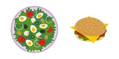 Vegetable and Boiled Eggs Salad on plate and Cheeseburger with vegetables and sesame bun Food Set. Isolated illustration Healthy Food Themes Cards Sticker Icon or banner, leaflets, label, price vector