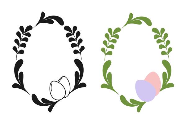 Silhouette and Colorful Twiggs and Easter Eggs Frame Borders Easter Greeting Copy space Template Set. Isolated Illustration Easter Greeting Cards Party invite, leaflets or banner, labels, price