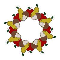 Hand Drawn Apple Pear and Mushrooms Circular Frame Border Minimalistic Pop art Template Copy space. Isolated illustration Autumn Holiday Themes Cards Party invite or banner, leaflets, price tag vector
