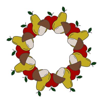 Hand Drawn Apple Pear and Mushrooms Circular Frame Border Minimalistic Pop art Template Copy space. Isolated illustration Autumn Holiday Themes Cards Party invite or banner, leaflets, price tag