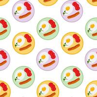 Fried Egg with Grilled sausages and Tomato slices on colorful plates Seamless Pattern Domestic food. Isolated illustration Food Theme Cards, menu or banners, leaflets, labels, price tag, poster vector
