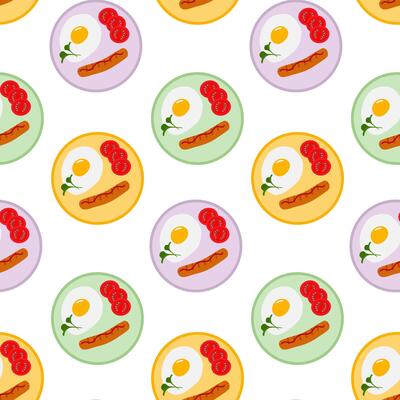 Fried Egg with Grilled sausages and Tomato slices on colorful plates Seamless Pattern Domestic food. Isolated illustration Food Theme Cards, menu or banners, leaflets, labels, price tag, poster