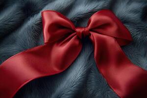 Red bow with ribbon lies on mink coat. Concept of expensive gifts. photo