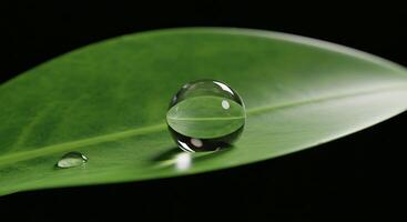 Crystal Clear Water Droplet on a Fresh Green Leaf Close-Up photo