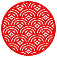 Traditional circular Japanese geometric pattern with red symmetrical arches and diamonds on a white background vector