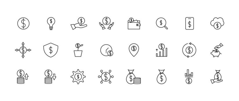 A clean and modern finance icon set in line style. Includes various money, business, and investment symbols. Fully editable stroke for easy customization vector