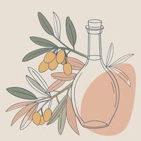 Artistic depiction of olive oil bottle with olives and branches in soft hues vector