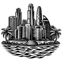A bold black and white illustration of a futuristic cityscape with towering skyscrapers and palm trees along the waterfront vector