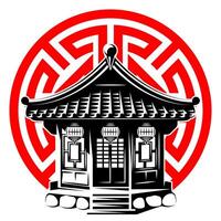 Traditional East Asian pagoda with ornate roof, paper lanterns and geometric red circle background in modern art style vector