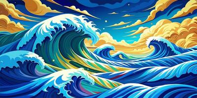 Vibrant Ocean Waves with Sunset Sky and Clouds vector