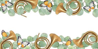 French horn, eucalyptus branches and fluing butterflies watercolor horizontal frame isolated background. Music floral border with copy space for text. For festival decor, concert invitation vector