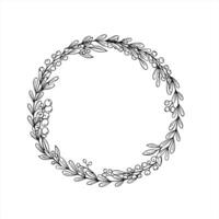 Floral doodle wreath with leaf branch and berries monochrome illustration. Minimalistic round frame with abstract plants in linear style. Blank space for text. For greeting cards, invitation vector