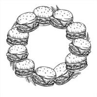 Monochrome sesame burger with vegetables and cheese round frame painted by black inks. Etching drawing of classic homemade hamburger wreath for fast food logos, packaging, menu design vector