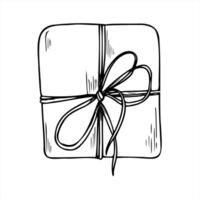 Square gift box with paper wrapping and string bow monochrome illustration, top view. Christmas or birthday present etching drawing for holiday packaging design, invitations, greeting cards vector