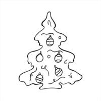 Minimalistic Christmas tree with balls and tinsel in doodle style illustration painted by black inks. Hand drawn Xmas spruce graphic sketch for holiday card, gift tag, and festive packaging vector