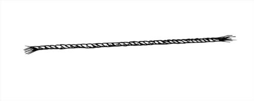 Monochrome piece of straight twisted rope with frayed ends illustration painted by black inks. Etching drawing of hemp rope for nautical decor, rustic packaging, and craft projects. vector