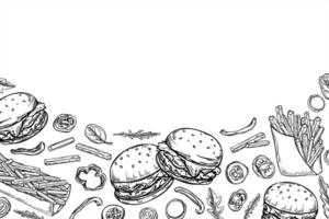 Horizontal monochrome border with burger, fries, vegetable slices, herbs graphic line art sketch. Traditional street food illustration with empty space for text. For delivery apps, packaging vector