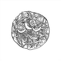 tortilla topped with arugula, avocado slices, cucumber, and pepper monochrome line art black ink sketch. Top view. Vegan pizza for healthy food menu, packaging, and vegan recipe blogs. vector