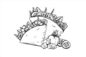 Monochrome two folded tortillas filled with vegetables, tomato slices, cucumber, and cheese cubes illustration. Traditional Mexican fast food for menu, food packaging, cookbook, healthy eating vector