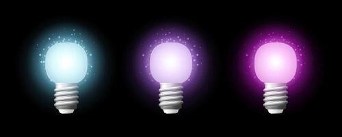 Light bulbs glowing with bright colorful auras on black background vector