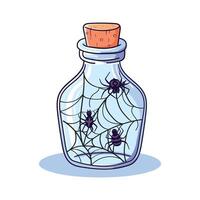 Halloween bottle with cobwebs and spiders. Magic potion, ingredients for witchcraft, hand-drawn mystical element vector